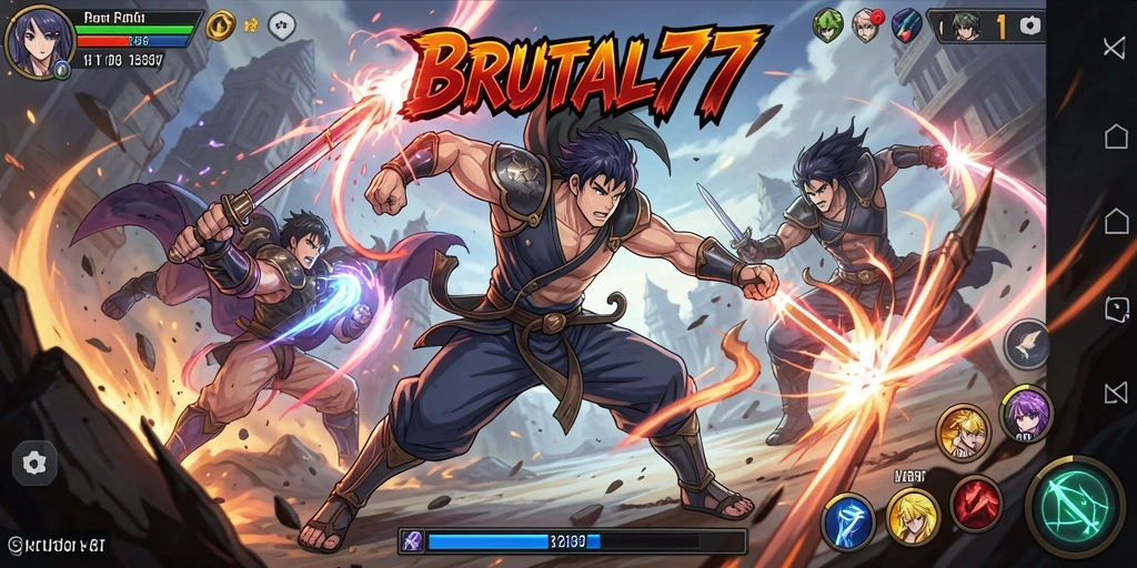 Screenshot gameplay BRUTAL77 dengan pertarungan seru karakter Anime.