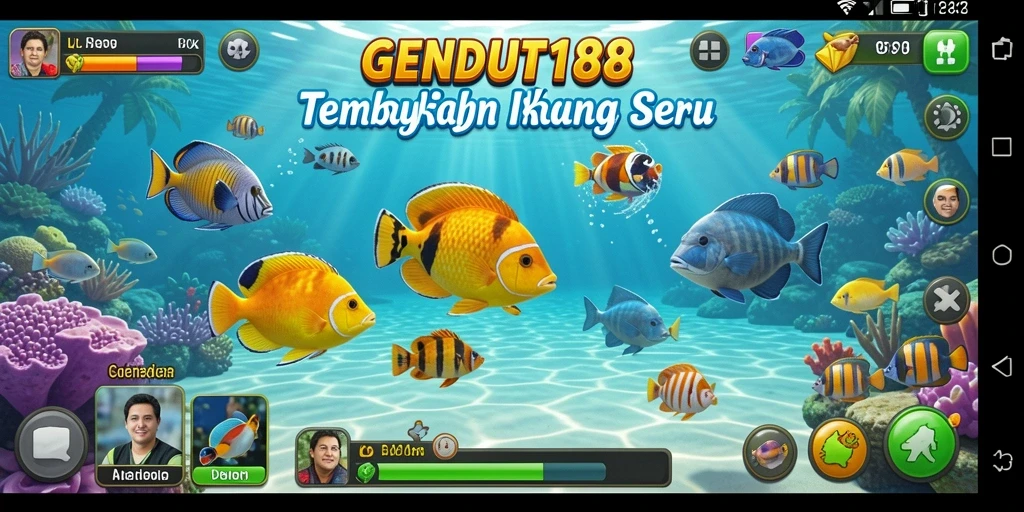 Tampilan gameplay GENDUT188 saat menembak ikan berwarna-warni.
