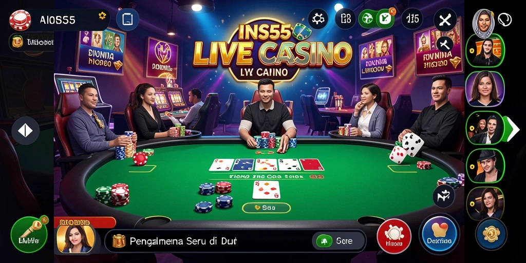 Screenshot gameplay INS55 menunjukkan dealer profesional dan suasana kasino yang mendebarkan.