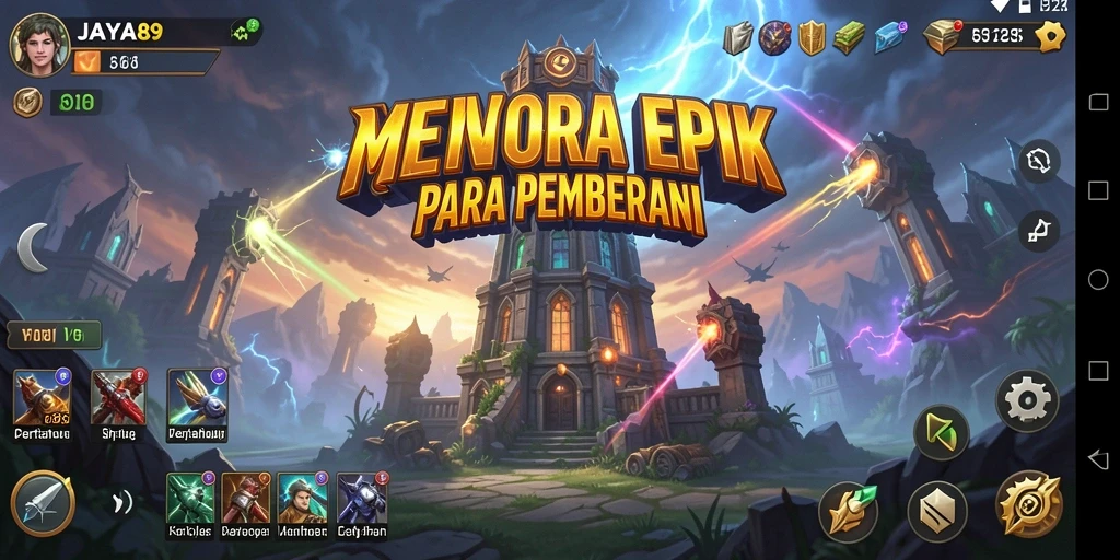 Screenshot utama JAYA89 menunjukkan aksi menara mempertahankan gelombang musuh.