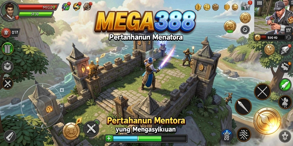 Gameplay mendebarkan di MEGA388, menara mempertahankan garis depan dari serangan musuh.