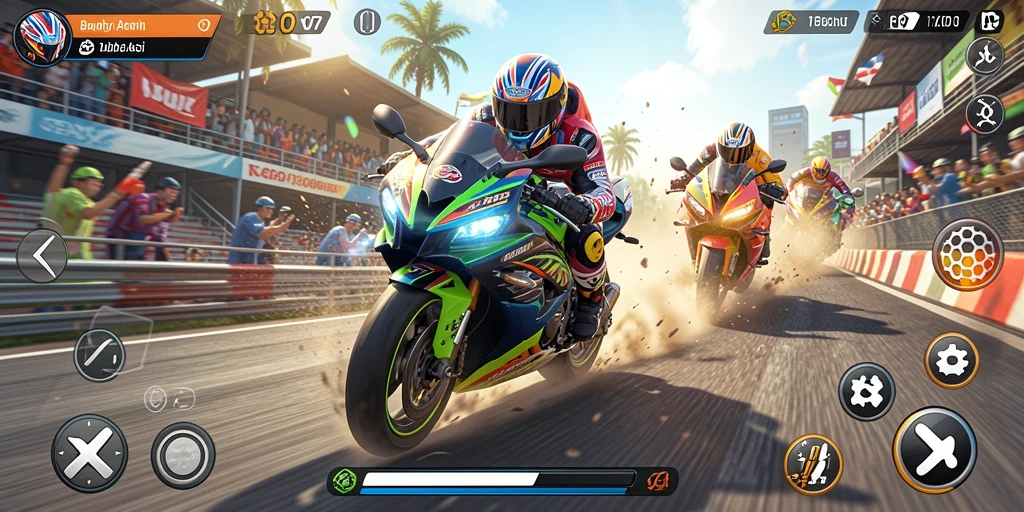 Screenshot gameplay V07 menampilkan balapan motor yang mendebarkan di trek yang dinamis.